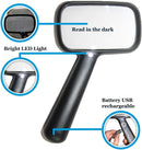EasY Magnifier Magnifying Glass 2.0X with LED Light for Reading - Large hand-held Magnification with Battery and USB charging cable; Rechargeable Magnify Glasses as a visual aid and practical gift